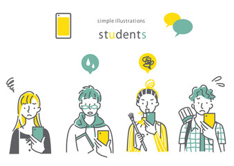 スマホを操作しているいろいろな学部の大学生のおしゃれでシンプルな線画イラストセット　