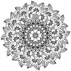 Circular pattern in the form of mandala with flower for henna, mehndi, tattoo, decoration. decorative ornament in ethnic oriental style. coloring book page.