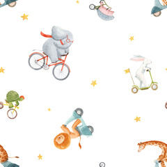Beautiful seamless pattern for children with watercolor hand drawn cute animals on transport. Stock illustration. © zenina
