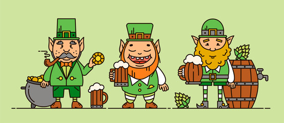 Saint Patrick's day mascot. Gift card, design for celebrities with leprechaun. Holiday poster, greeting banner, icon. Green background