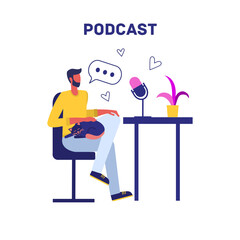 Podcast concept illustration. A man in a yellow sweater and blue pants is standing with his legs crossed at a table with a sleeping cat in his lap, conducting a monologue and recording a podcast.