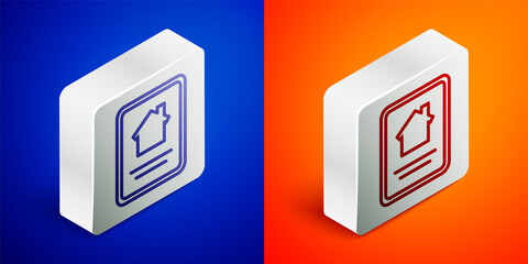 Isometric line Online real estate house on tablet icon isolated on blue and orange background. Home loan concept, rent, buy, buying a property. Silver square button. Vector Illustration.