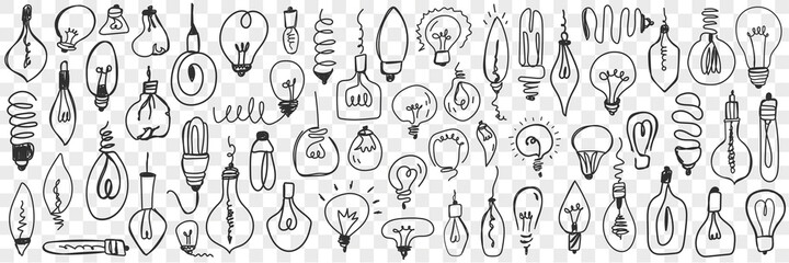 Various electrical lamps doodle set. Collection of hand drawn hanging lamps of different shapes for home electricity isolated on transparent background. Illustration of illumination equipment 