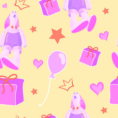 cute childish Seamless pattern with Rabbit, bunny, gift, heart, bow, button, star in pastel colors. Vector modern Illustration. For gift wrapping, textile, wallpaper, scrubbing, web page lights, fill