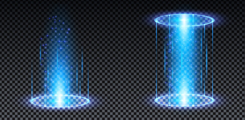 Blue hologram portal. Magic fantasy portal. Magic circle teleport podium with hologram effect. Vector blue glow rays with sparks on transparent background. - obrazy, fototapety, plakaty