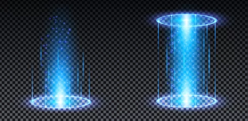 Foto op Plexiglas Blue hologram portal. Magic fantasy portal. Magic circle teleport podium with hologram effect. Vector blue glow rays with sparks on transparent background. © Elena