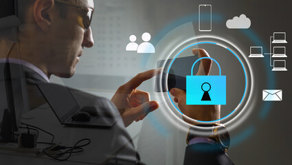Cyber security network concept. Hand using smartphone with master key connect world networking...