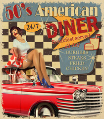 American Diner vintage poster with retro car and pin-up girl.