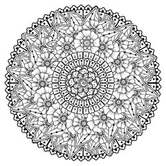 Circular pattern in the form of mandala with flower for henna, mehndi, tattoo, decoration. decorative ornament in ethnic oriental style. coloring book page.