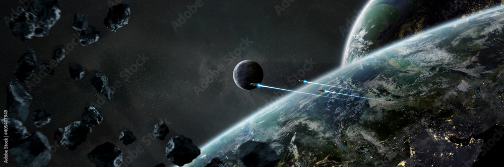 Poster panoramic space planets background. panorama of distant solar system with exoplanets 3d rendering el