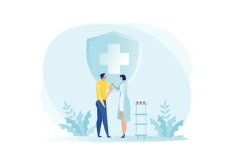 A nurse gives a man vaccine for protecting the coronavirus COVID-19,medical treatment, prevention concept vector illustration