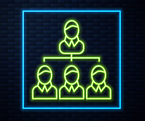 Glowing neon line Business hierarchy organogram chart infographics icon isolated on brick wall background. Corporate organizational structure graphic elements. Vector.