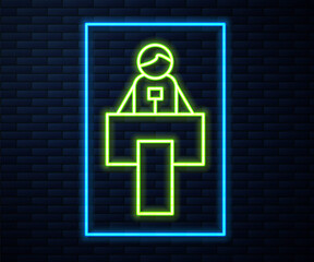 Glowing neon line Stage stand or debate podium rostrum icon isolated on brick wall background. Conference speech tribune. Vector.