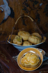 Freshly made traditional Chinese moon cake with pineapple stuffing or red bean paste stuffing