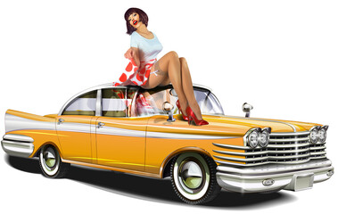 Pin-up girl and retro car isolated on white background