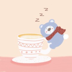 Cute blue bear sleeping on coffee cup.