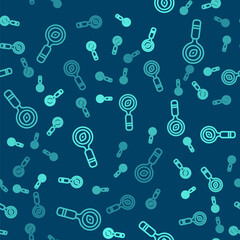 Green line Magnifying glass icon isolated seamless pattern on blue background. Search, focus, zoom, business symbol. Vector.