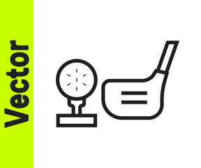 Black line Golf flag and golf ball on tee icon isolated on white background. Golf equipment or accessory. Vector.