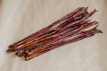 Air dried bull penises for dogs.  Bully sticks.