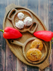 Food on wooden dishes