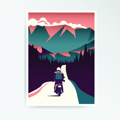 Road trip around the mountains. Mountain, forvet, road, motorcycle, rider. Adventure landscape.