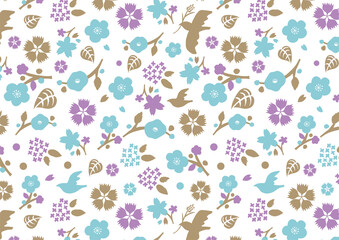 鳥と花_模様_シームレス06