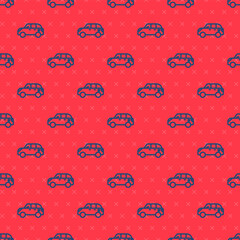 Blue line Hatchback car icon isolated seamless pattern on red background. Vector.