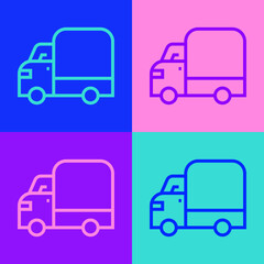 Pop art line Delivery cargo truck vehicle icon isolated on color background. Vector.