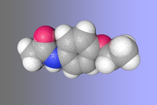 Molecular structure of phenacetin. Atoms are represented as spheres with conventional color coding: carbon (grey), nitrogen (blue), oxygen (red), hydrogen (white). 3d illustration