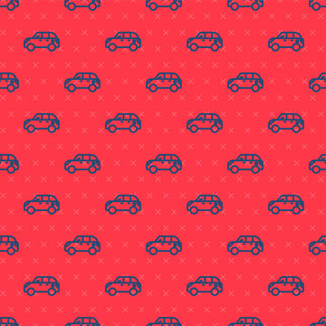 Blue line Hatchback car icon isolated seamless pattern on red background. Vector.