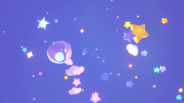 Looped cartoon travel through colorful stars, white clouds, and bubbles in the sky animation.