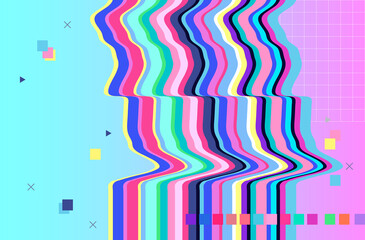 Glitch screen. Abstract background. Pattern. Vector artwork. Trendy retro 80s, 90s style. Print, poster, banner. Blue, black, pink, yellow, green, purple, red colors. Retrowave, synthwave, rave, vapor