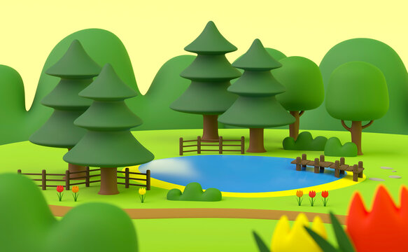 cartoon landscape park with a lake and trees and flowers 3DCG environment background illustration