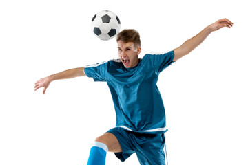 Kick. Funny emotions of professional soccer player isolated on white studio background. Copyspace for ad. Excitement in game, human emotions, facial expression and passion with sport concept.