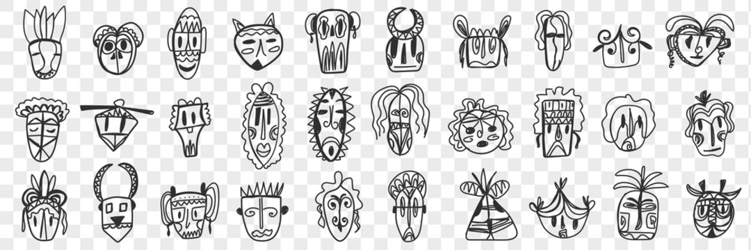 Various african ancient masks doodle set. Collection of hand drawn face masks of african ethnicities with different patterns and shapes isolated on transparent background. Illustration of africa 