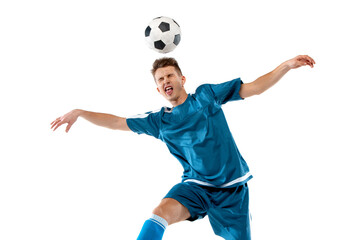 Fototapeta premium Dance. Funny emotions of professional soccer player isolated on white studio background. Copyspace for ad. Excitement in game, human emotions, facial expression and passion with sport concept.