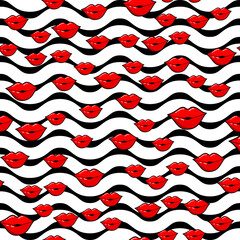 Lips seamless pattern on white background. Paper print design. Abstract retro vector illustration. Trendy textile, fabric, wrapping. Modern space decoration.