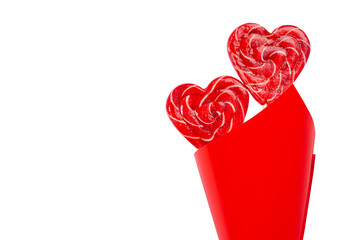 Bright wedding background - couple sweet red lollipops hearts as bouquet isolated on white background, copy space.