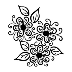 Hand-drawn flower bouquet. Black and white abstract flowers leaves curls.