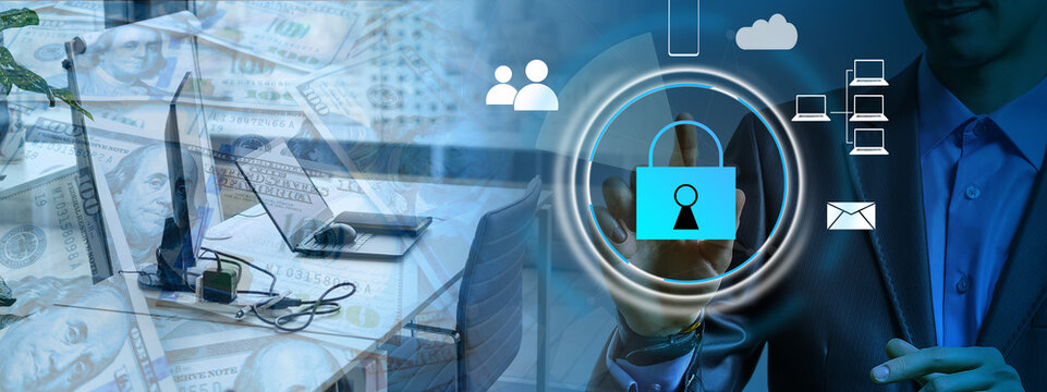 Developing network security system. Internet data security concept. Businessman using laptop.