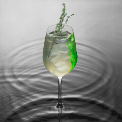 Drinks and cocktails. Alcoholic cocktail with ice in a clear glass on water.