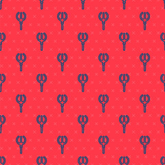 Blue line Neptune Trident icon isolated seamless pattern on red background. Vector.