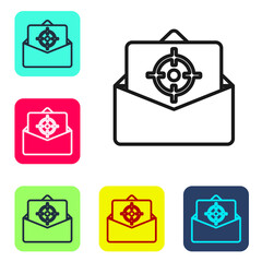 Black line Mail and e-mail icon isolated on white background. Envelope symbol e-mail. Email message sign. Set icons in color square buttons. Vector.
