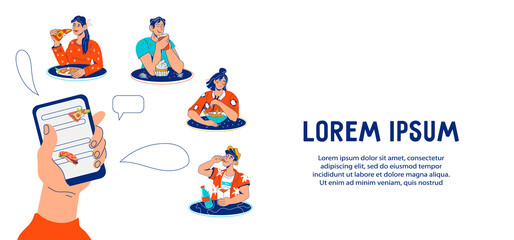 Online food ordering or recipes application banner with hand holding phone and people enjoying food, cartoon vector illustration. Take away food cafe or restaurant online.