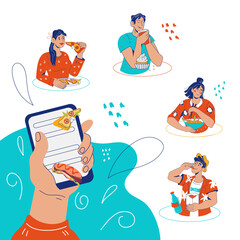 Food online order and delivery, food blogging and recipes banner concept with hand holding smartphone. Applications for ordering restaurant food, flat cartoon vector illustration on white background.