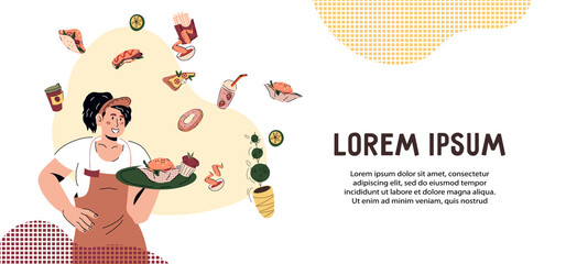 Flyer or banner with smiling young waitress holding tray with food, cartoon vector illustration. Food online order and delivery, culinary blogging banner thematic.