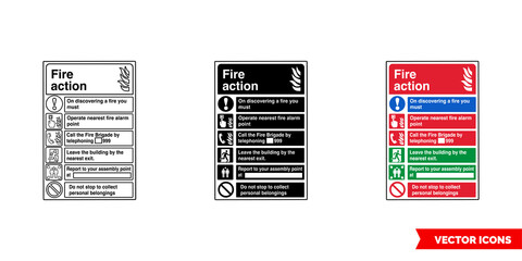 Fire action fire fighting sign icon of 3 types color, black and white, outline. Isolated vector sign symbol.
