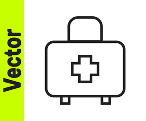 Obraz premium Black line First aid kit icon isolated on white background. Medical box with cross. Medical equipment for emergency. Healthcare concept. Vector.