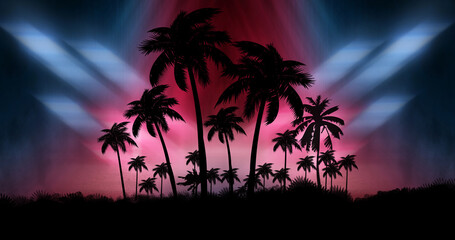 Night landscape with palm trees, against the backdrop of a neon sunset, stars. Silhouette coconut palm trees on beach at sunset. Space futuristic neon landscape. Beach party. 