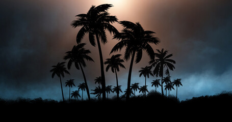 Night landscape with palm trees, against the backdrop of a neon sunset, stars. Silhouette coconut palm trees on beach at sunset. Space futuristic neon landscape. Beach party. 